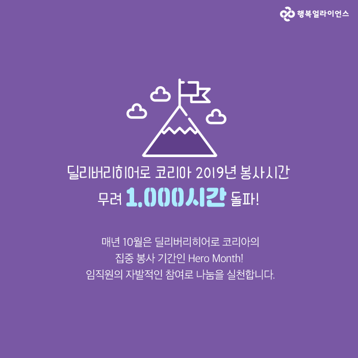 딜리버리히어로 코리아 2019년 봉사시간 무려 1.000시간 돌파! 매년 10월은 딜리버리히어로 코리아의 집중 봉사 기간인 Hero Month! 임직원의 자발적인 참여로 나눔을 실천합니다