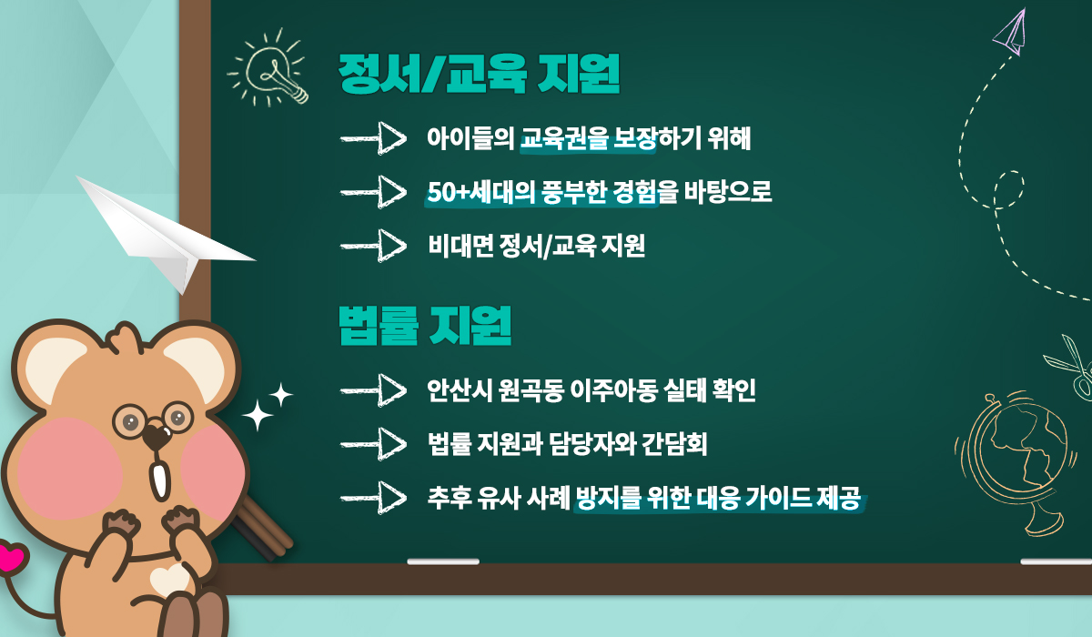 정서/교육 지원은 아이들의 교육권을 보장하기 위해, 50+세대의 풍부한 경험을 바탕으로, 비대면 정서/교육을 지원합니다. 법률 지원은 안산시 원곡동 이주아동 실태 확인, 법률지원과 담당자와 간담회, 추후 유사 사례 방지를 위한 대응 가이드를 제공합니다.